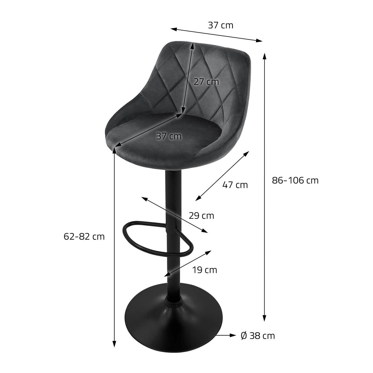 BARHOCKER 2er Set aus Samt Grau höhenverstellbar/drehbar - Schwarz/Grau, Metall (37/106/47cm) - ML-DESIGN