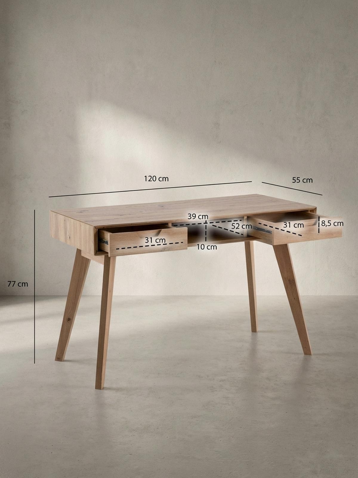 SCHREIBTISCH – 120x55x77 cm, Skandinavischer Stil, 2 Schubladen, Eichenbeine - Beige, Eichenholz/Holz (55/120/77cm) - KADIMA DESIGN