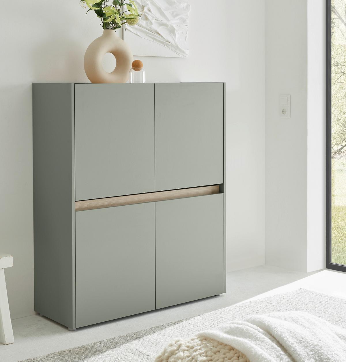 HIGHBOARD in Salbei Grün mit Eiche, 4-türige Kommode mit 8 Fächern, 100 x 120 cm - Salbeigrün/Eichefarben, Holz/Holzwerkstoff (100/120/40cm) - Furn.Design