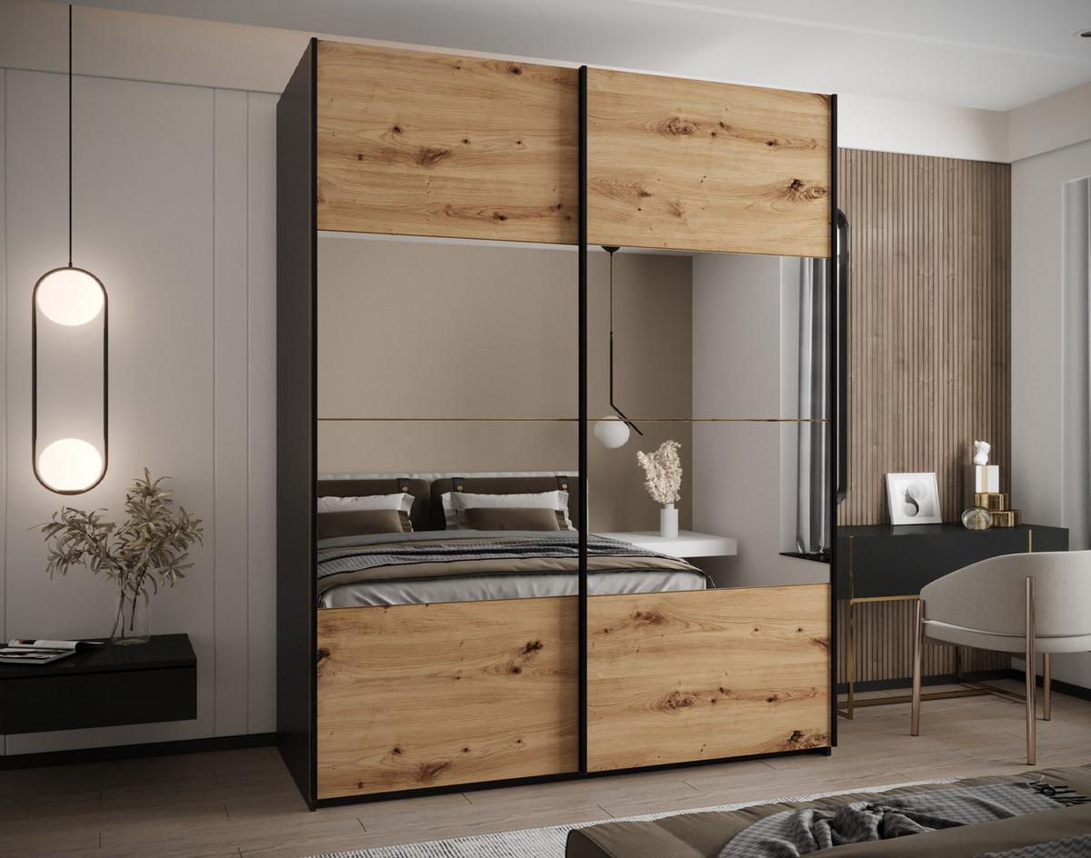 SCHWEBETÜRENSCHRANK 245,5/190/64 2-türig - Schwarz/Eiche Artisan, Holz/Metall (190/245/64cm) - Abiks Möbel