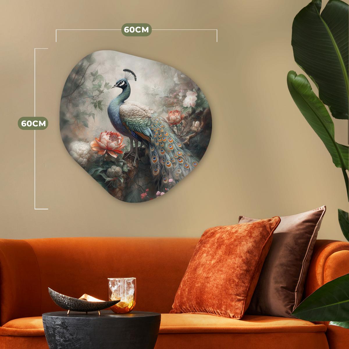 WANDBILD Pfau - Pfauenfedern - Vogel - Dschungel - Blumen Wandbild 60x60 cm - Smaragdgrün, Kunststoff (60/60cm) - MuchoWow