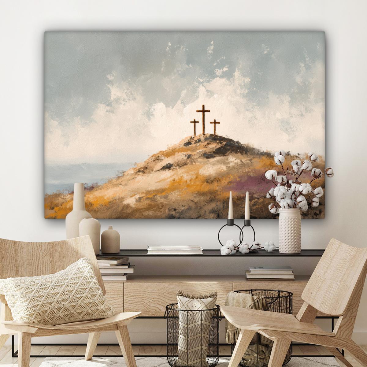 LEINWANDBILD Hügel - Abstrakt - Christentum - Kreuz Wohnzimmer Groß 120x80 cm - Hellgrau, Textil (120/80cm) - MuchoWow