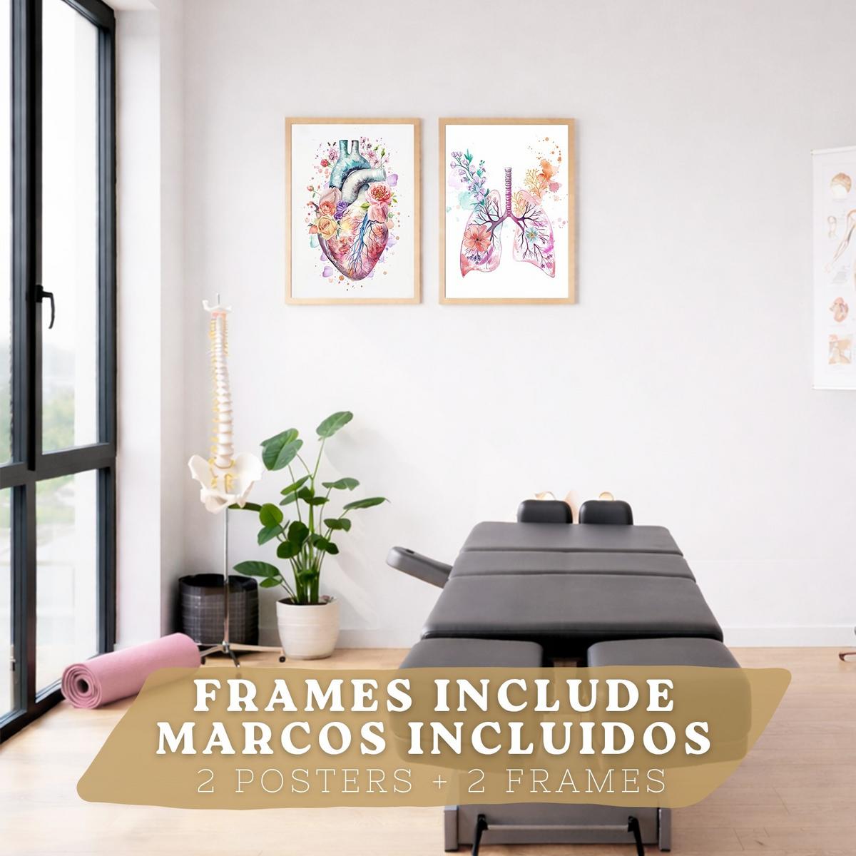 POSTER Set aus 2 Anatomie Mensch Drucke und Wandbilder mit Herz und Atmungssystem Floraler Stil Wanddekoration Größe Leichter Holzrahmen A3 - Beige, Papier (29.7/42/3cm) - Nacnic
