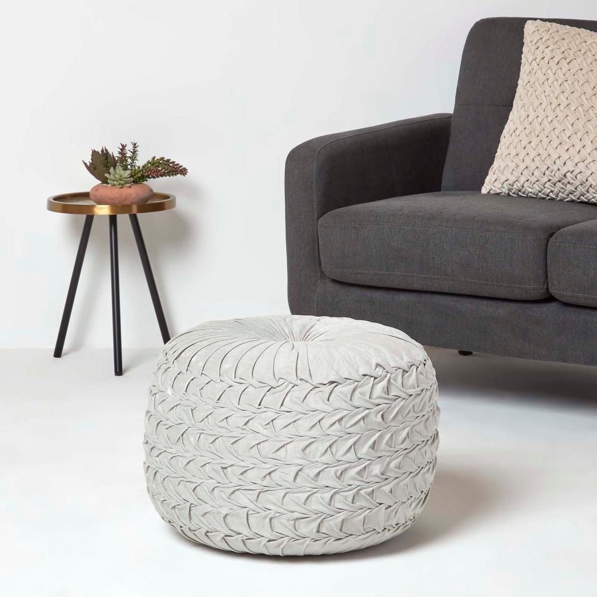 SAMT-POUF Grace grau, plissiert in Flechtoptik, 50/50/35 cm - Grau, Textil (50/35/50cm) - Homescapes