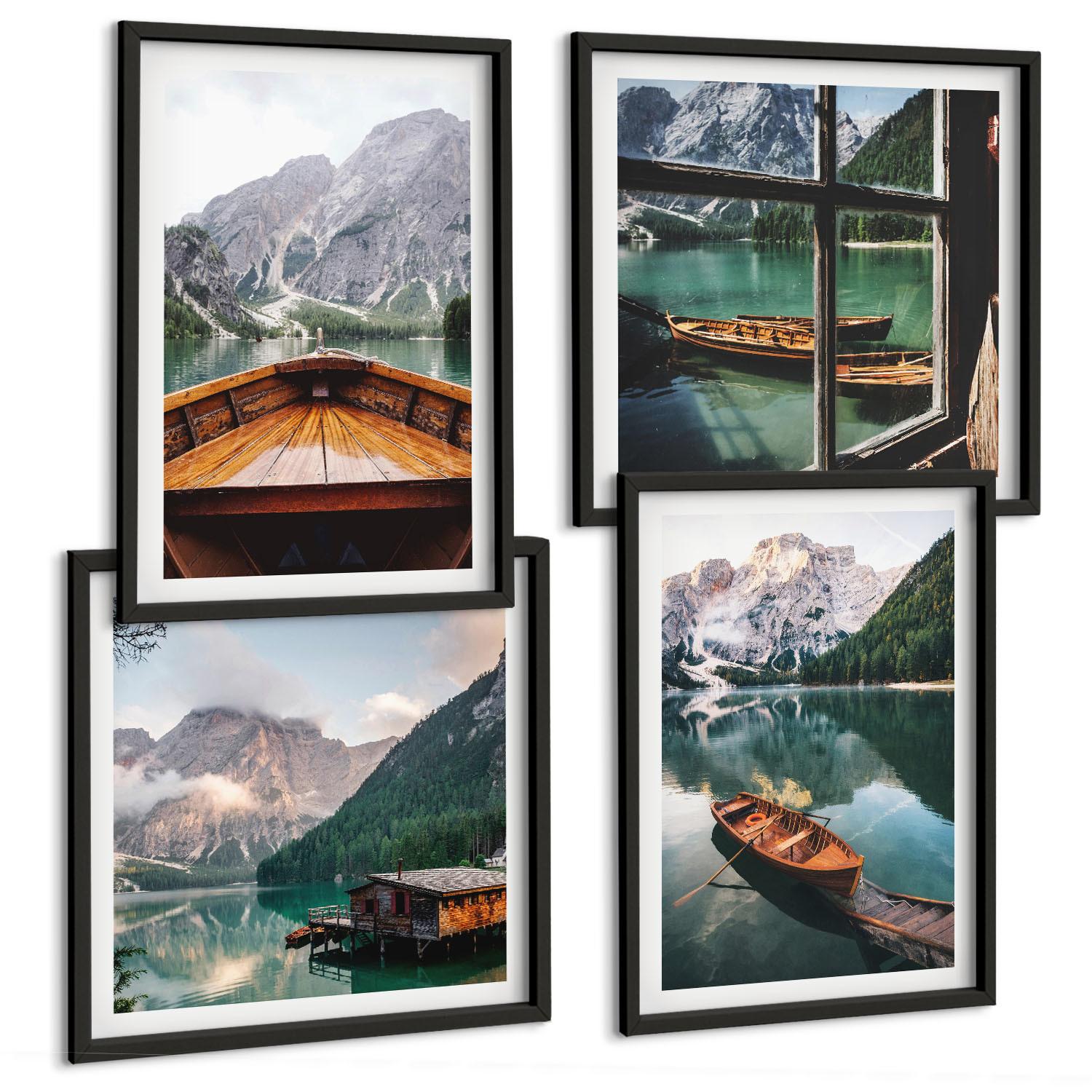 BILDER SET 4er Set - 50x50 cm & 40x60 cm Schwarzer Rahmen - See, Berge, Boote, Hütte, Fenster - Schwarz, Kunststoff (50/50cm) - TULUP