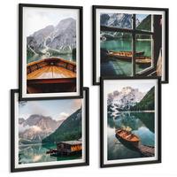 BILDER SET 4er Set - 50x50 cm & 40x60 cm Schwarzer Rahmen - See, Berge, Boote, Hütte, Fenster - Schwarz, Kunststoff (50/50cm) - TULUP