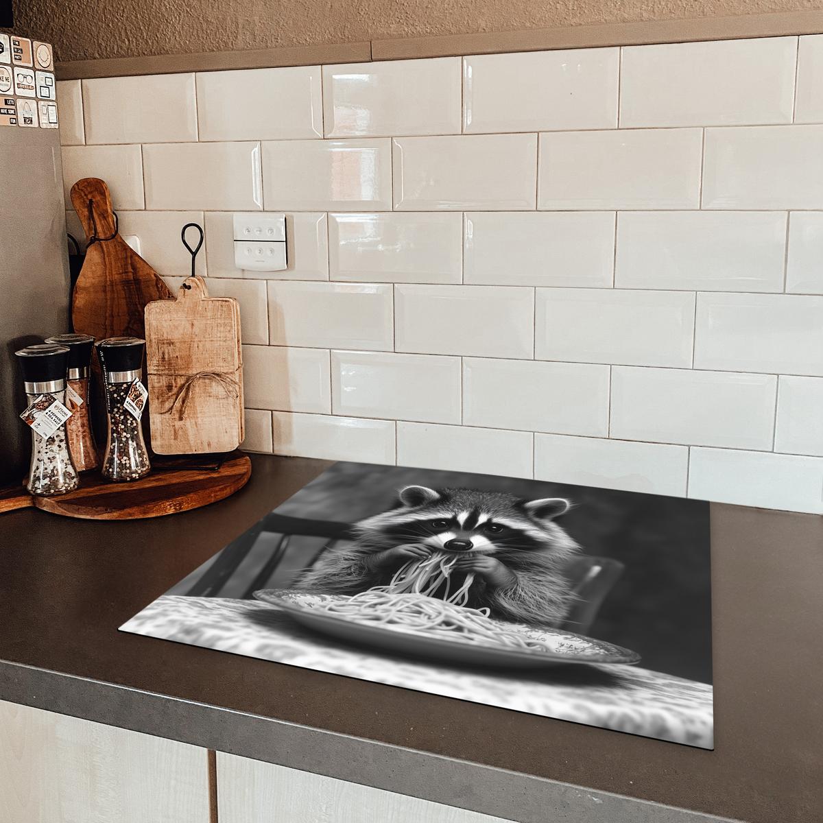 HERDABDECKPLATTE Waschbär - Niedlich - Pasta - Tischtuch - Schwarz - Weiß Ceranfeldabdeckung 59x52 cm - Grau, Kunststoff (59/52/0.2cm) - MuchoWow