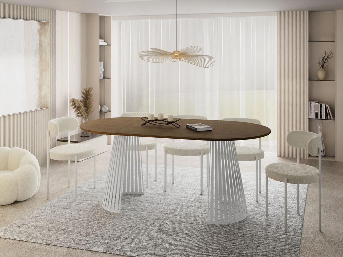 ESSTISCH Naro rund ausziehbar mit Weißem Lamellen-Metallgestell, Braun 120-200/120/76 cm - Alteiche/Weiß, Holzwerkstoff/Metall (120/196/76cm) - WFL GROUP