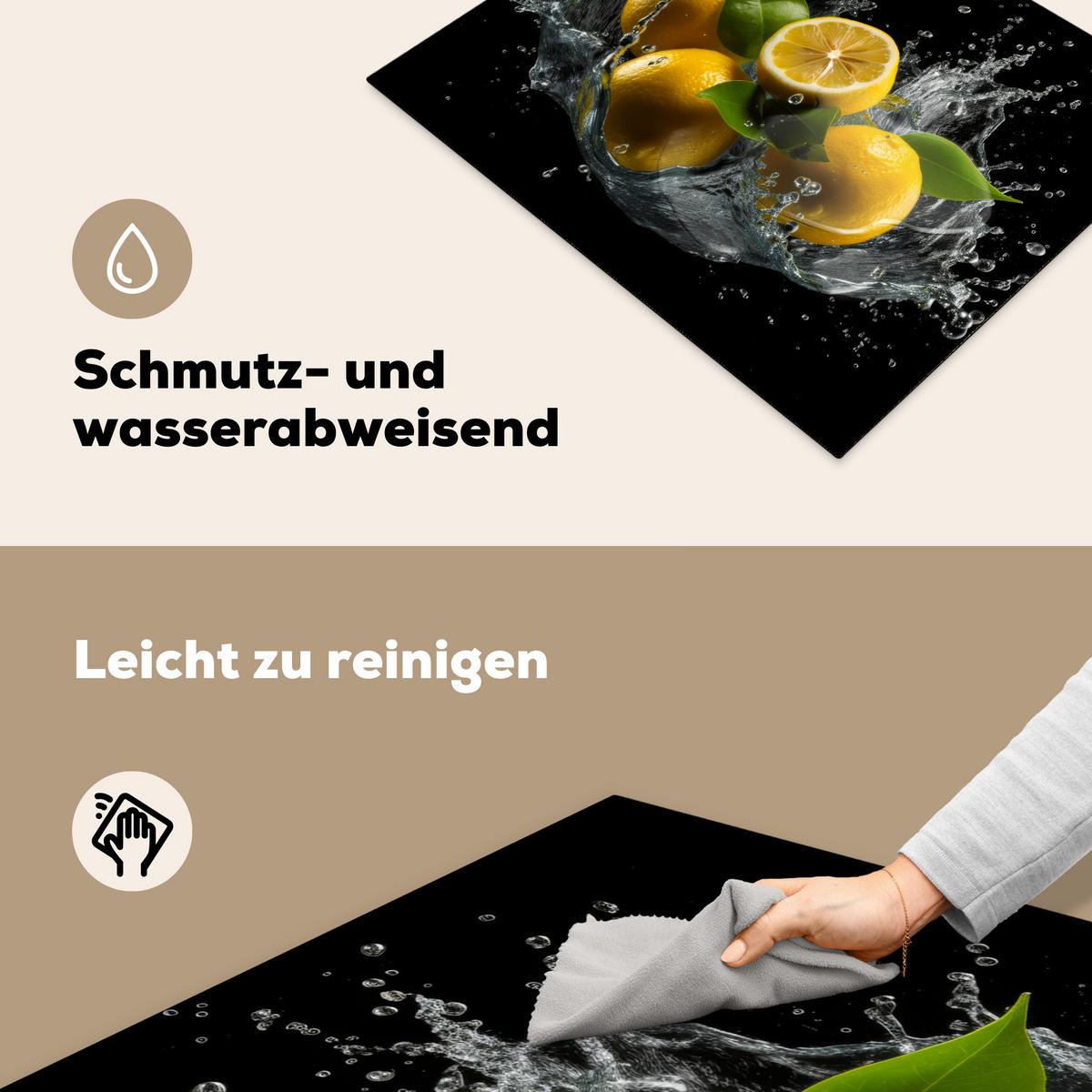 HERDABDECKPLATTE Zitrone - Obst - Gelb - Schwarz Herdabdeckung Induktionsfeld 65x52 cm - Gelb, Kunststoff (65/52/0.2cm) - MuchoWow