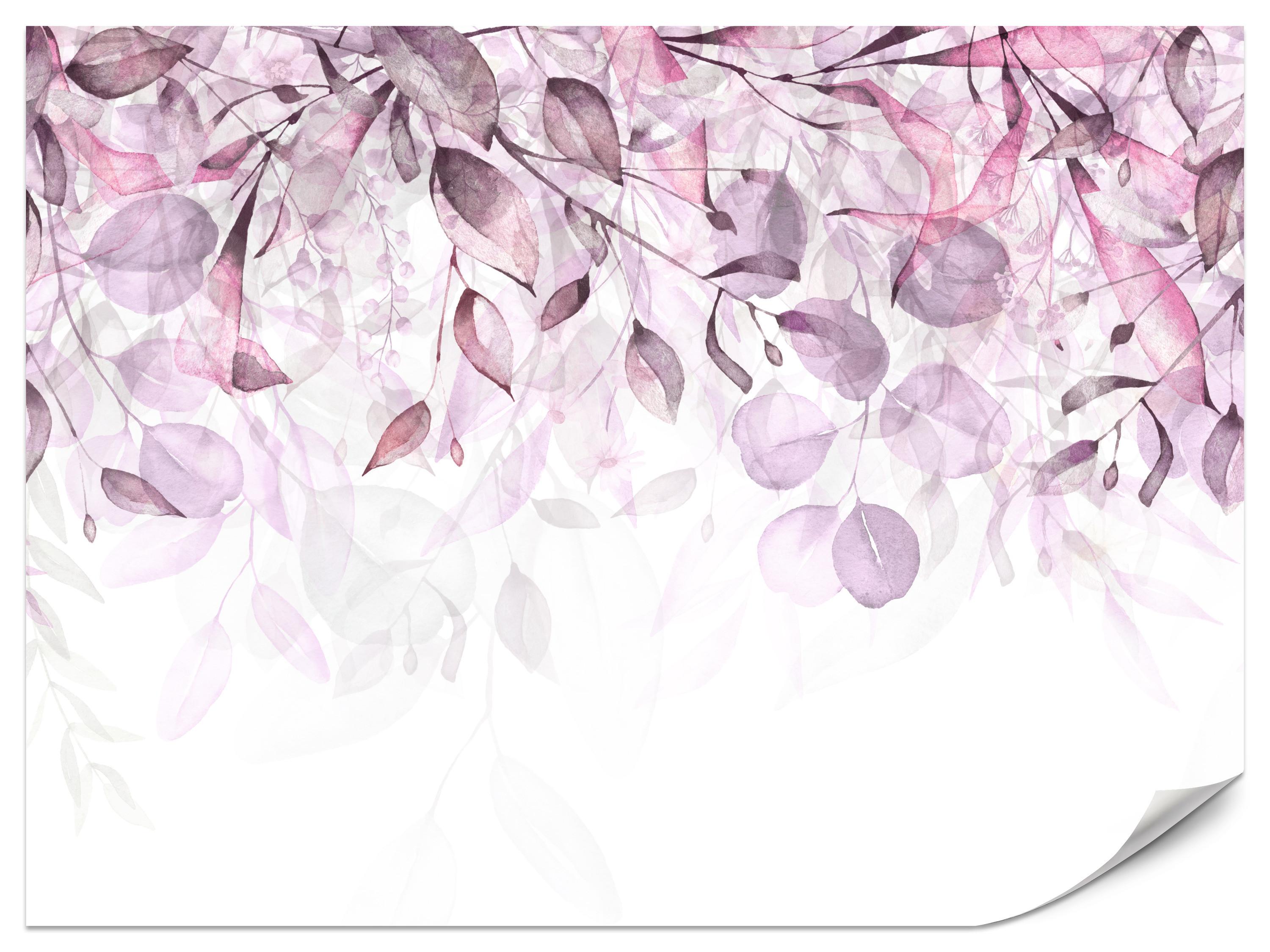 FOTOTAPETE für Schlafzimmer Aquarell Zarte Rosa Blätter Botanisch 450x315 - Violett/Weiß, Papier (450/315cm) - Muralo