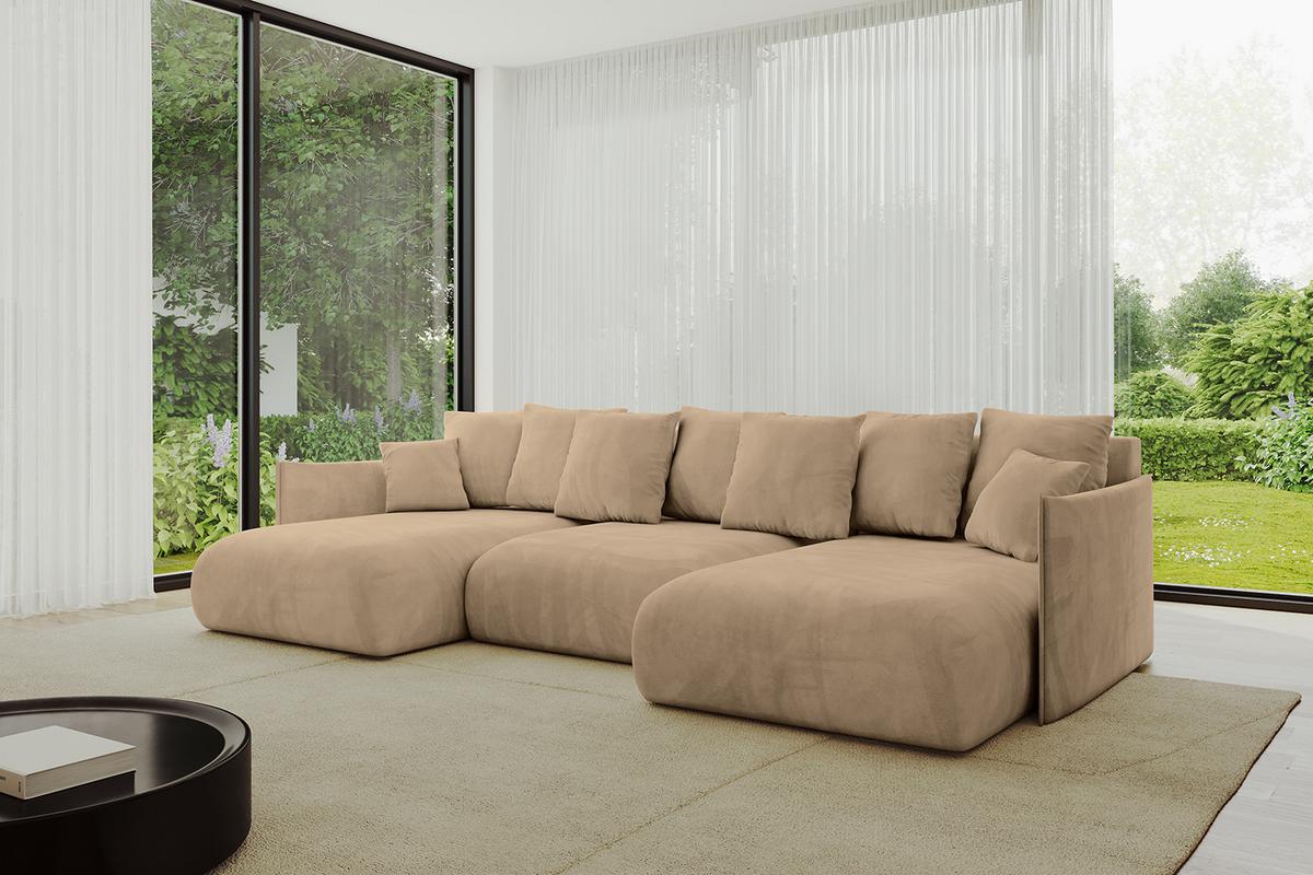 WOHNLANDSCHAFT mit Schlaffunktion und Bettkasten ONESK-U 317x177x72 Beige Velours - Beige, Holzwerkstoff/Kunststoff (317/72/177cm) - ALTDECOR