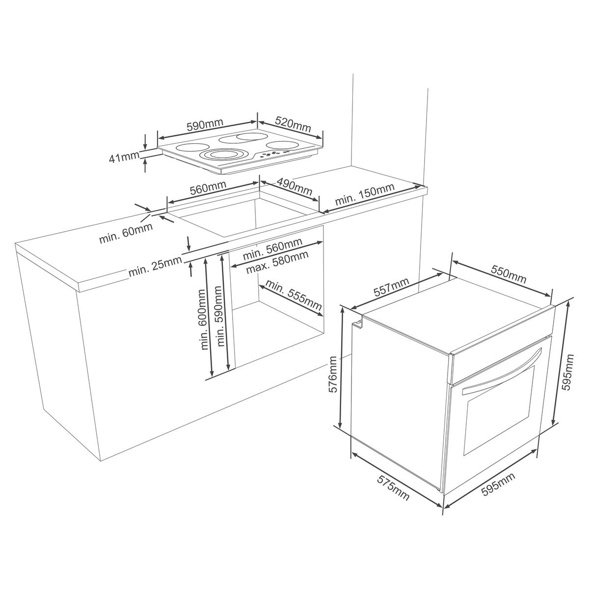 HERDSET, Backofen mit Grill und Umluft, Rahmenloses Glaskeramik-Kochfeld mit 4 Zonen, Hot Air Shield, 65 Liter, 60 cm, Edelstahl - Schwarz, Keramik/Metall (59.5/59.5/57cm) - Telefunken
