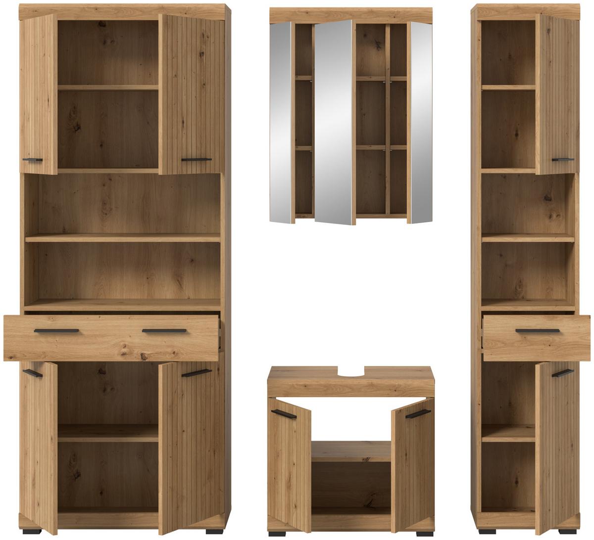 BADMÖBEL-SET Eiche Artisan 200 x 191 cm 4-teilig, Komplettset mit viel Stauraum - Schwarz/Eiche Artisan, Glas/Holzwerkstoff (201/191/34cm) - Inn.Furn
