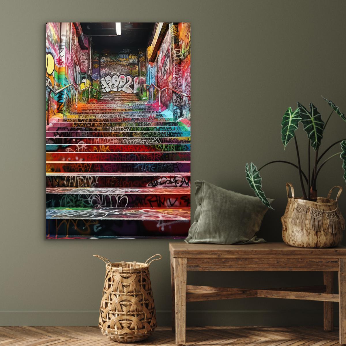 METALLBILD Treppe - Graffiti - Farben - Kunst 80x120 cm - Multicolor, Metall (80/120cm) - MuchoWow