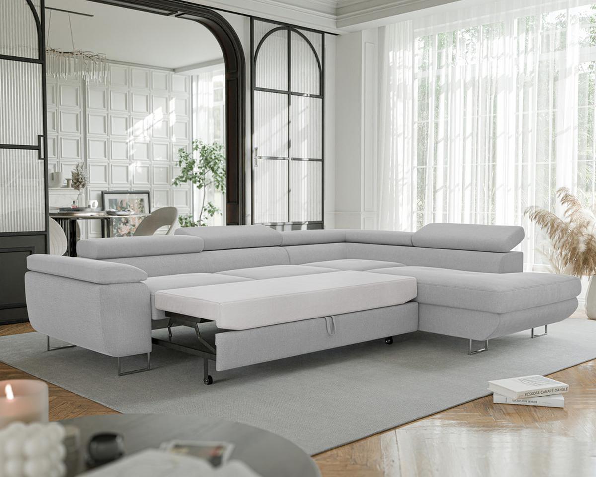 ECKSOFA ANTON rechts, mit Schlaffunktion und Bettkasten Hellgrau - Chromfarben/Hellgrau, Textil/Metall (274/203cm) - Idohome