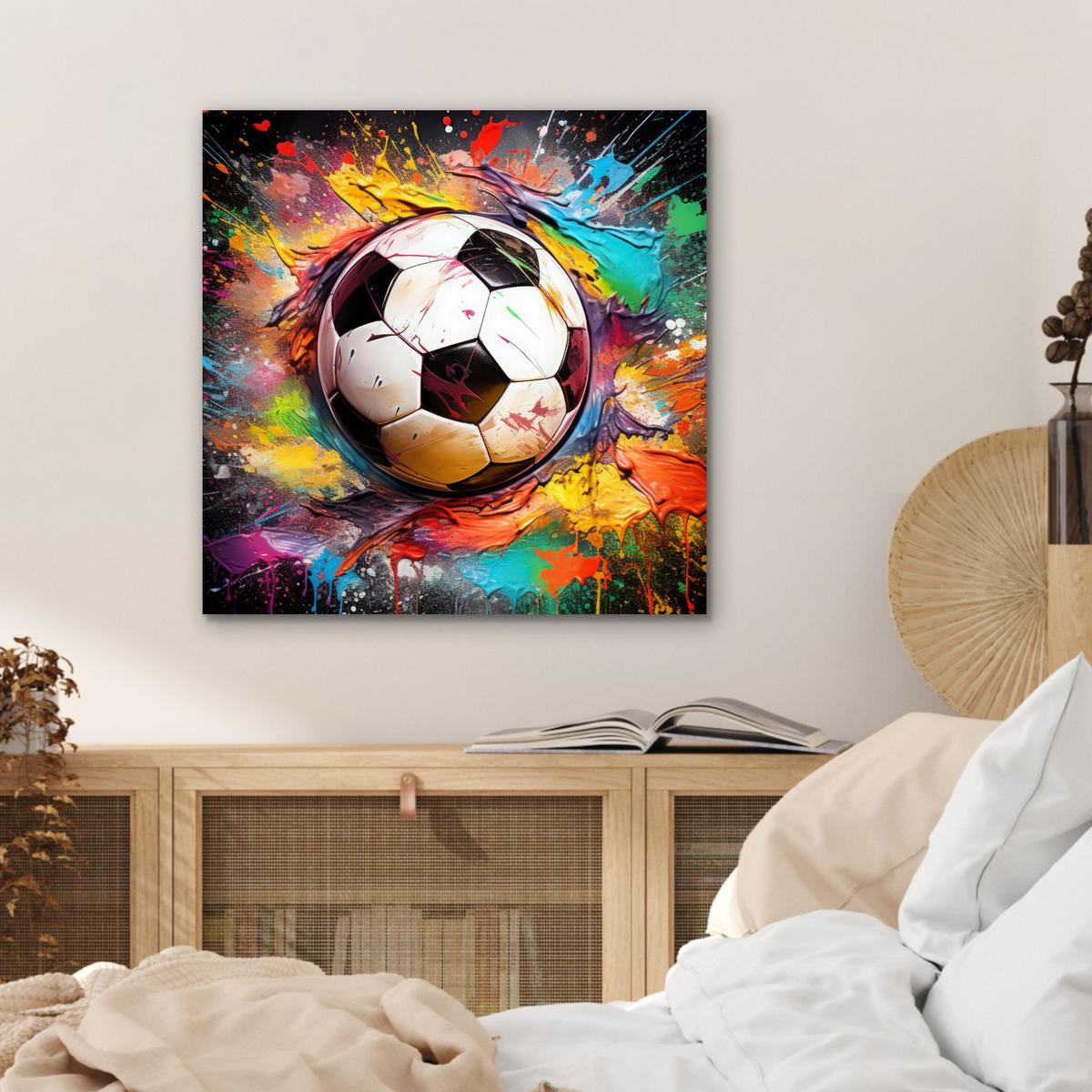 METALLBILD Fußball - Farbe - Farben - Schwarz - Weiß 50x50 cm - Weiß, Metall (50/50cm) - MuchoWow