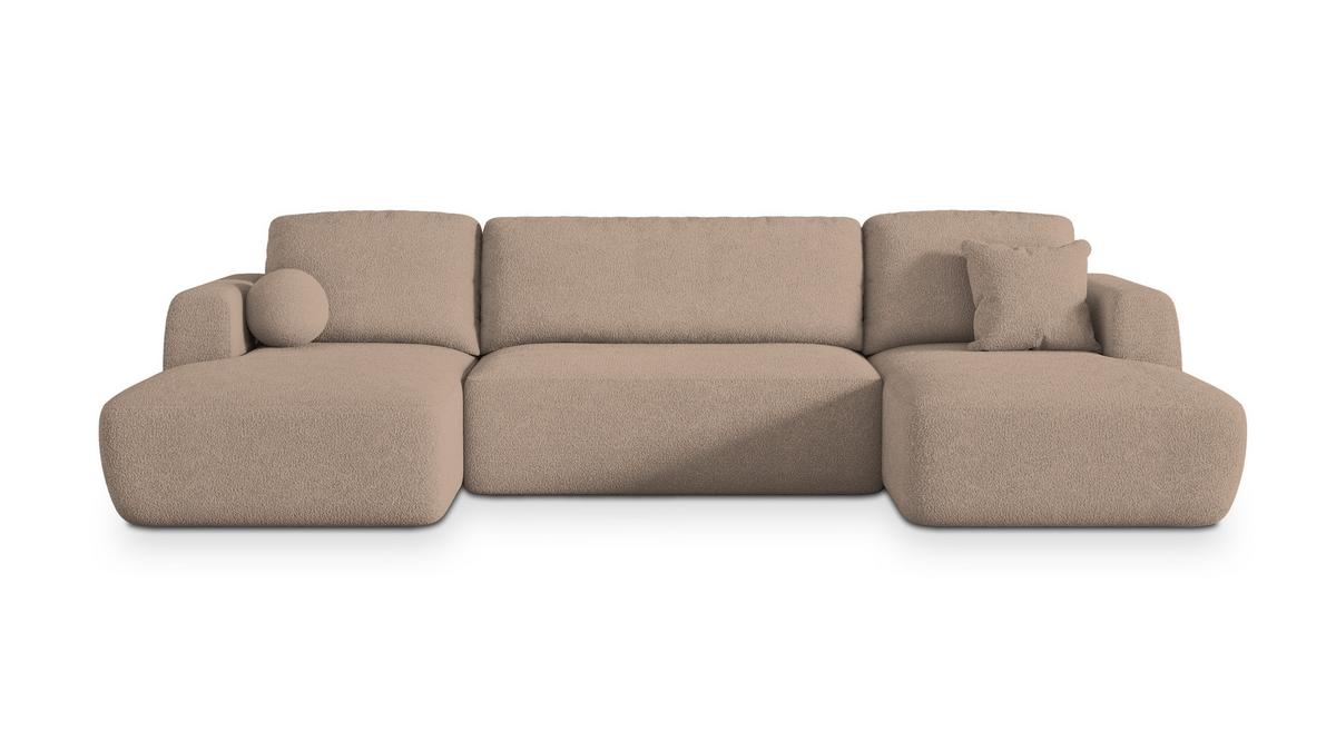 WOHNLANDSCHAFT SENTUM N Beige Boucle-Stoff mit Schlaffunktion - Beige/Schwarz, Holz/Kunststoff (330/90/148cm) - MASSENO