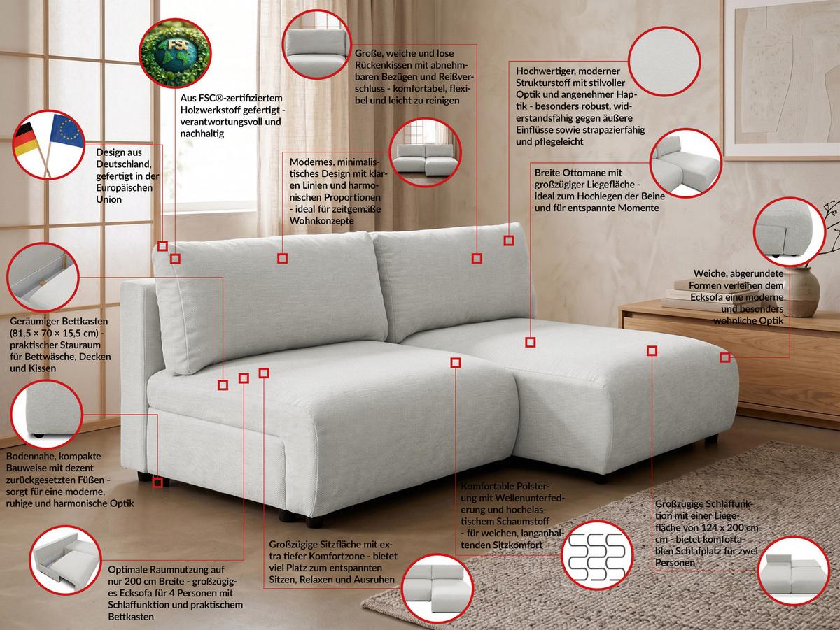 ECKSOFA Sora mit Schlaffunktion, Bettkasten und extra tiefer Komfortzone aus hochwertigem Hellgrau Strukturstoff - Hellgrau/Schwarz, Holz/Kunststoff (200/140cm) - S-Style