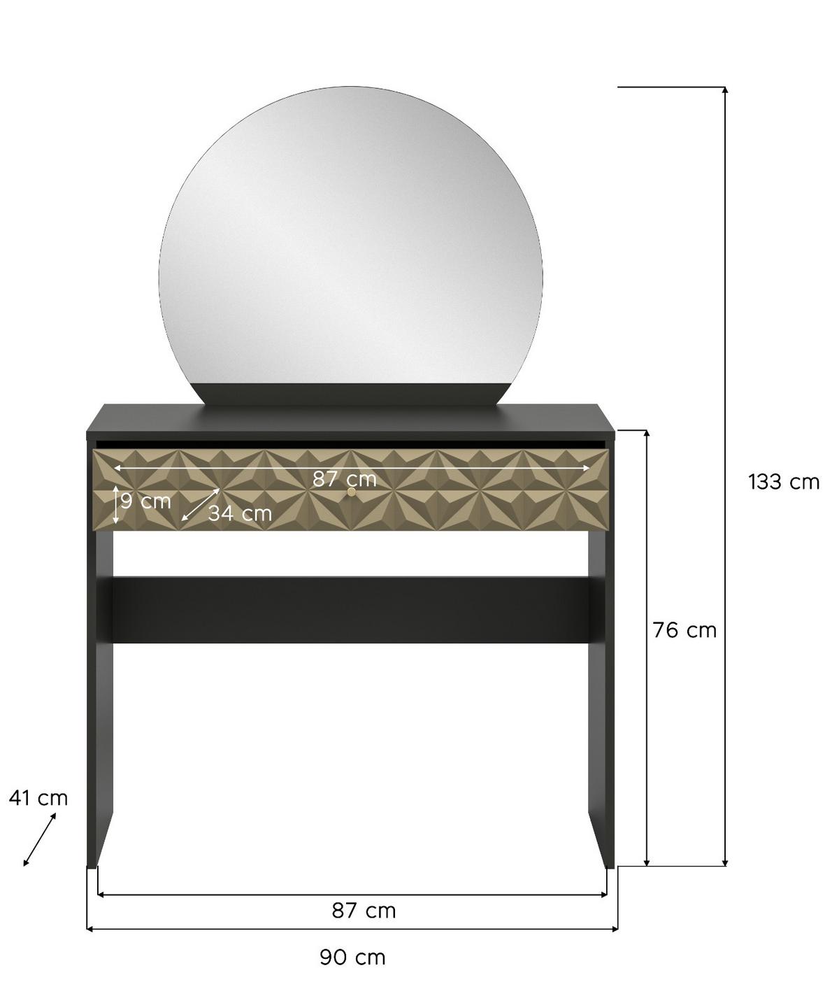 SCHMINKTISCH schwarz und gold 90 cm, Kosmetiktisch mit Spiegel - Goldfarben/Schwarz, Holzwerkstoff/Kunststoff (39/133/90cm) - Inn.Furn