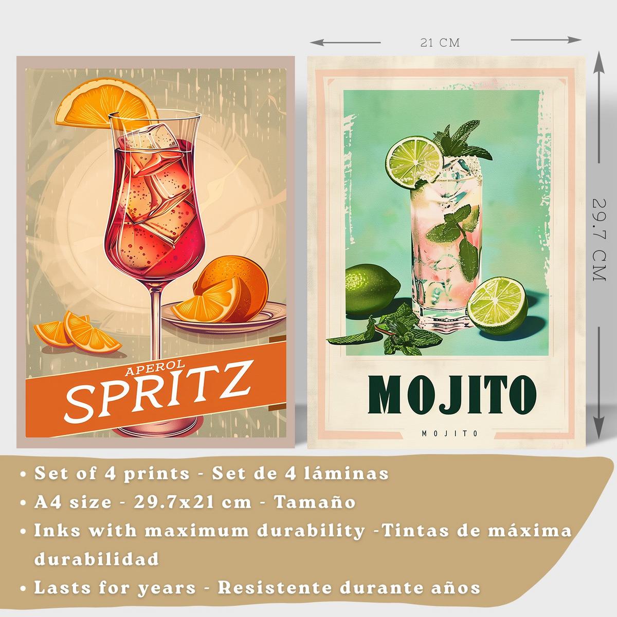 POSTER 4er Set Cocktail-Wandbilder Mojito Gin Tonic und Limoncello Vintage Retro Küche Bar Deko Leichter Holzrahmen A4 - Beige, Papier (29.7/1/21cm) - Nacnic