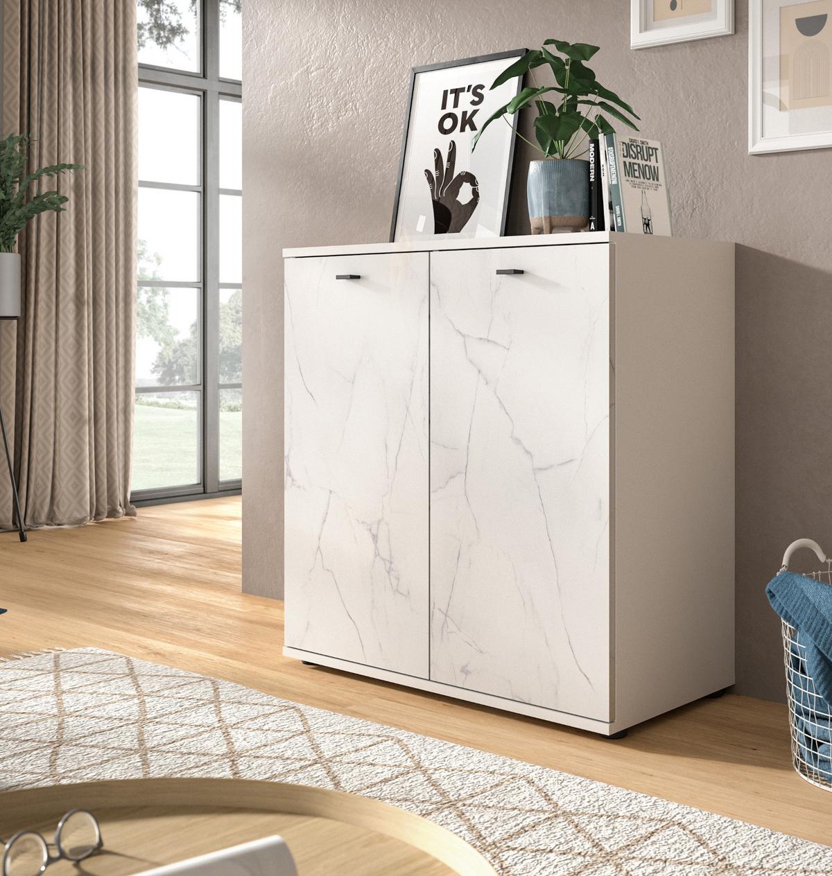 KOMMODE weiß Marmor 86 x 88 cm, Sideboard mit Soft-Close - Schwarz/Weiß, Holzwerkstoff/Kunststoff (86/87/40cm) - Inn.Furn