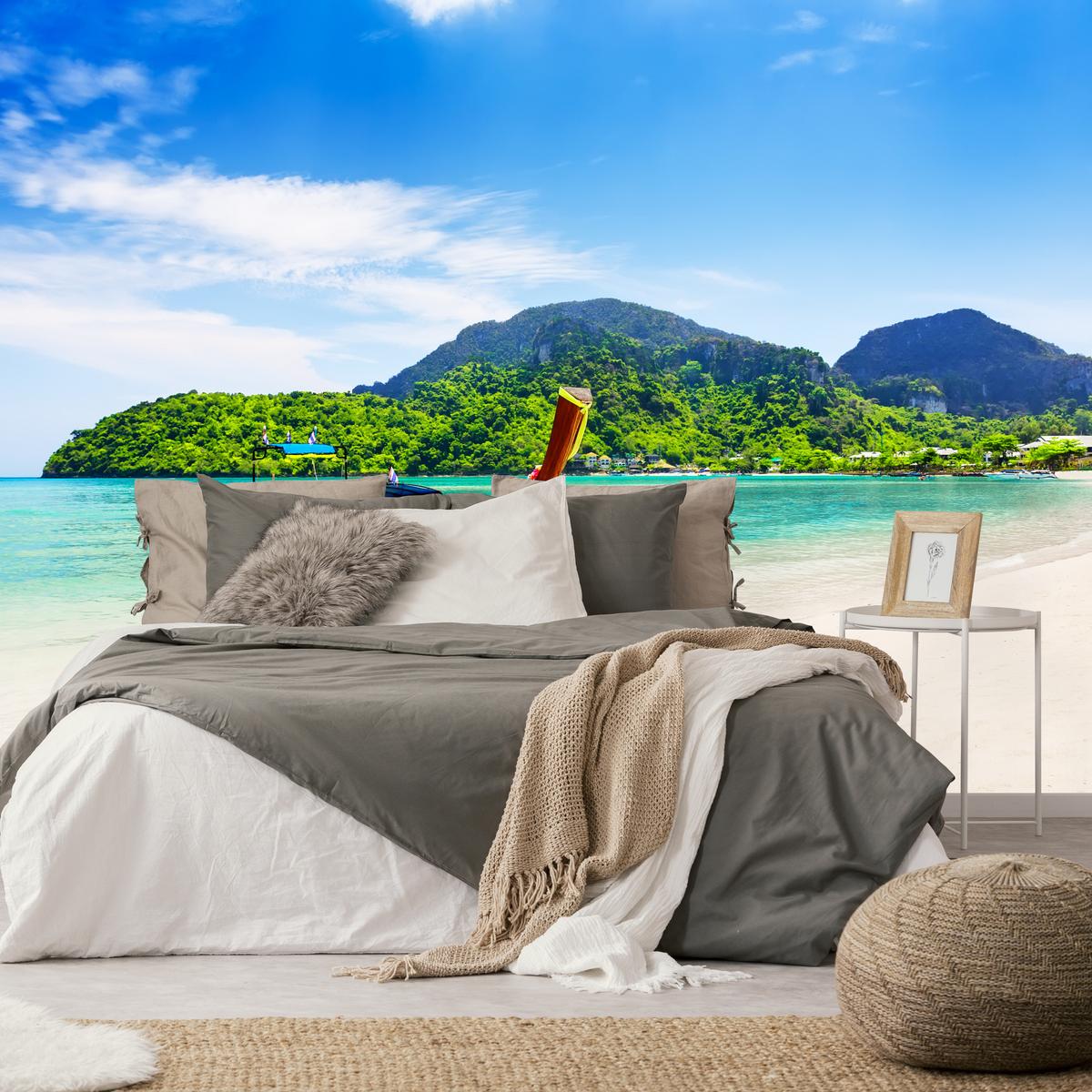 FOTOTAPETE für Schlafzimmer Boot Tropenstrand Palmen Meer 350x256 - Türkis/Blau, Papier (350/256cm) - Muralo
