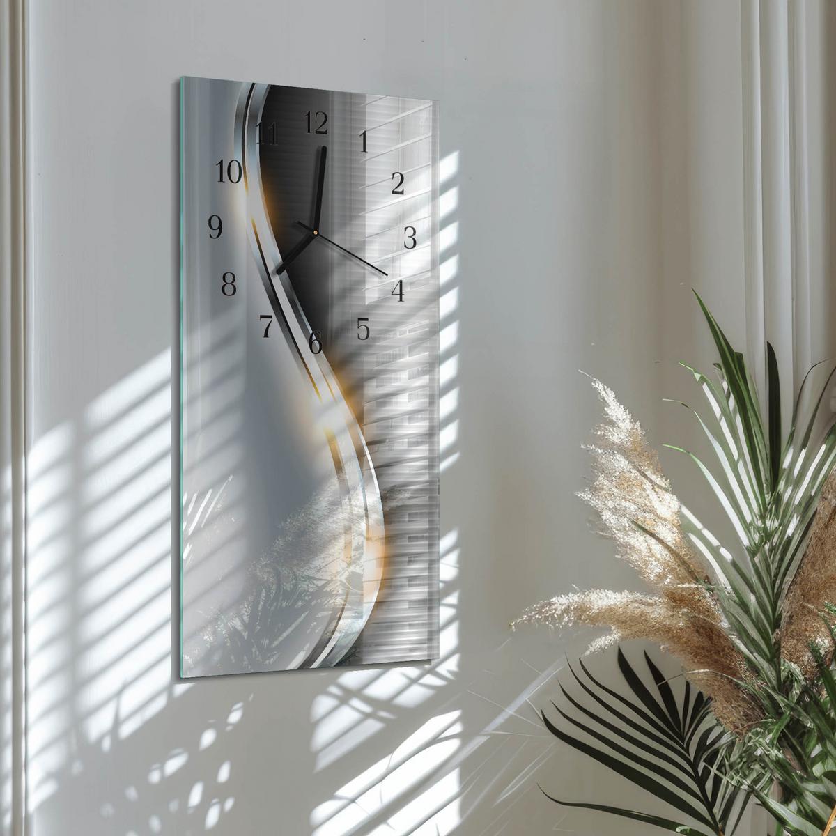 WANDUHR aus Glas 30x60 cm - Metallabstraktion - Silberfarben, Glas (30/60/0.4cm) - TULUP