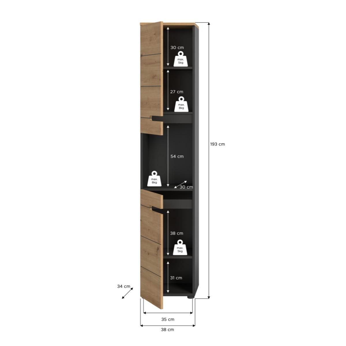 BADEZIMMERSCHRANK mit 2 Türen und 1 Nische 34/193/38 cm - Eschefarben, Holzwerkstoff (34/193/38cm) - Calicosy