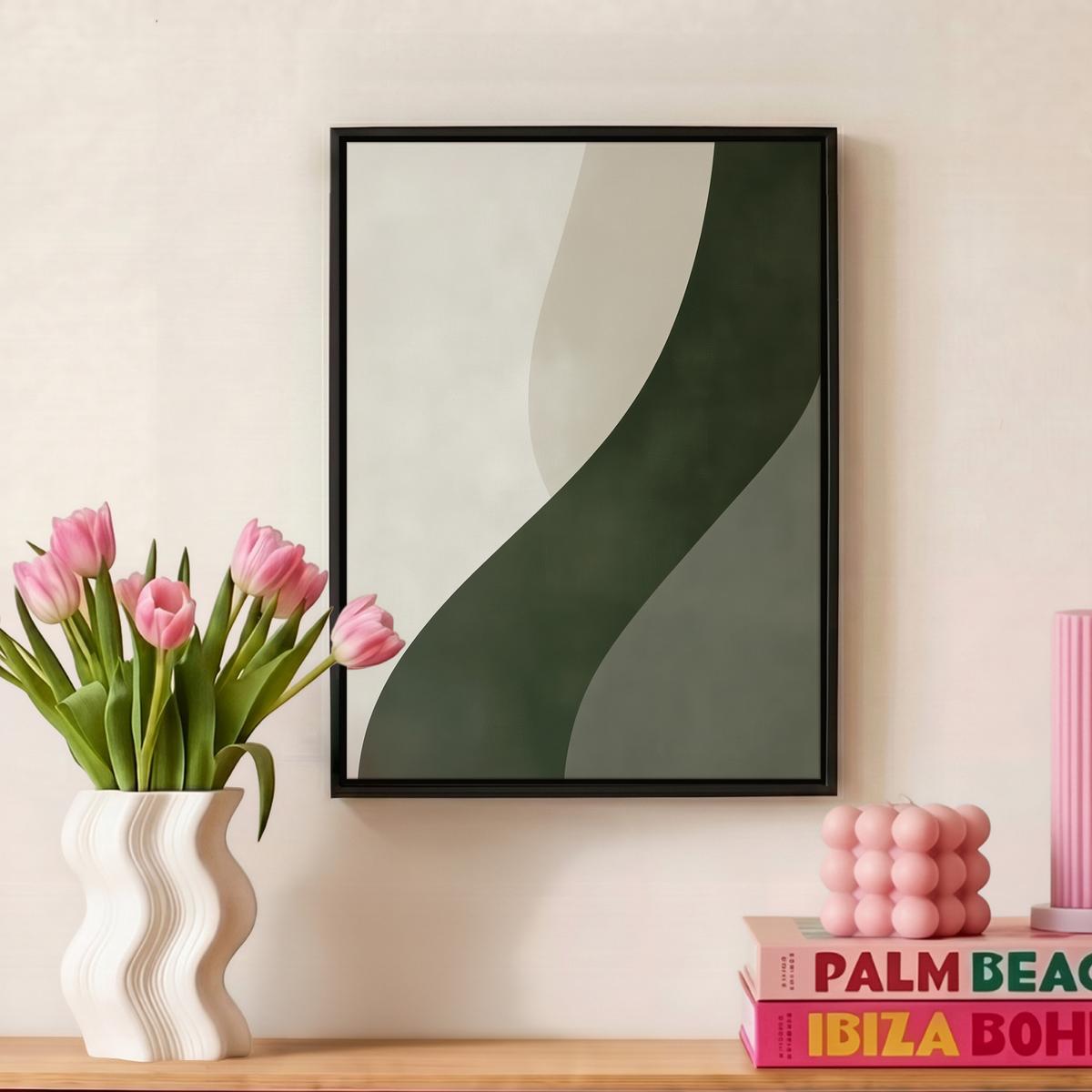 LEINWAND Bilder mit Rahmen - Japandi - Grün - Abstrakt - Modern - 30x40 - Salbeigrün, Textil (30/40cm) - MuchoWow