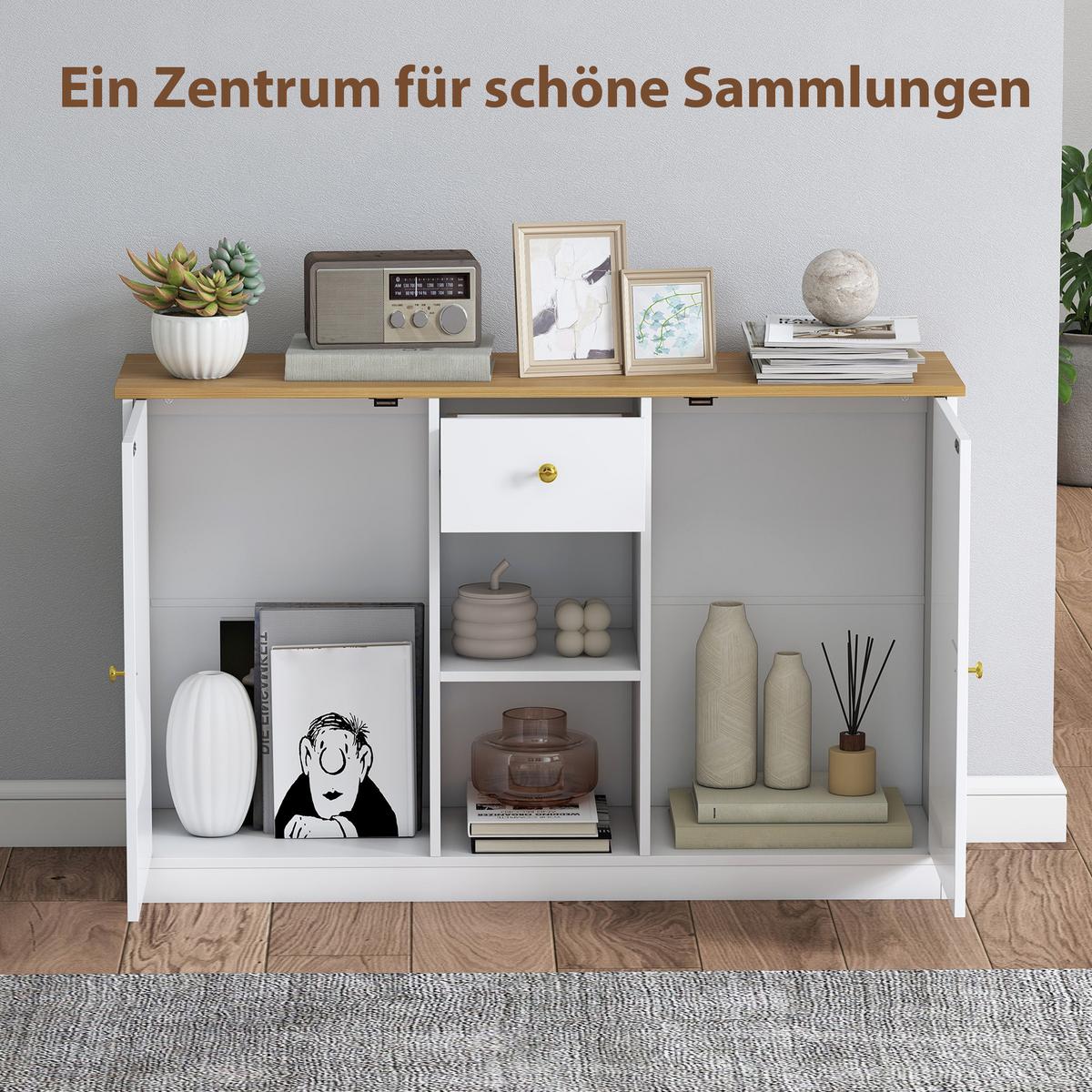 SIDEBOARD Aufbewahrungsschrank mit Schublade, 2 Türen, 2 Offenen Ablagen Weiß - Weiß, Holzwerkstoff (35/75.2/120cm) - HOMCOM