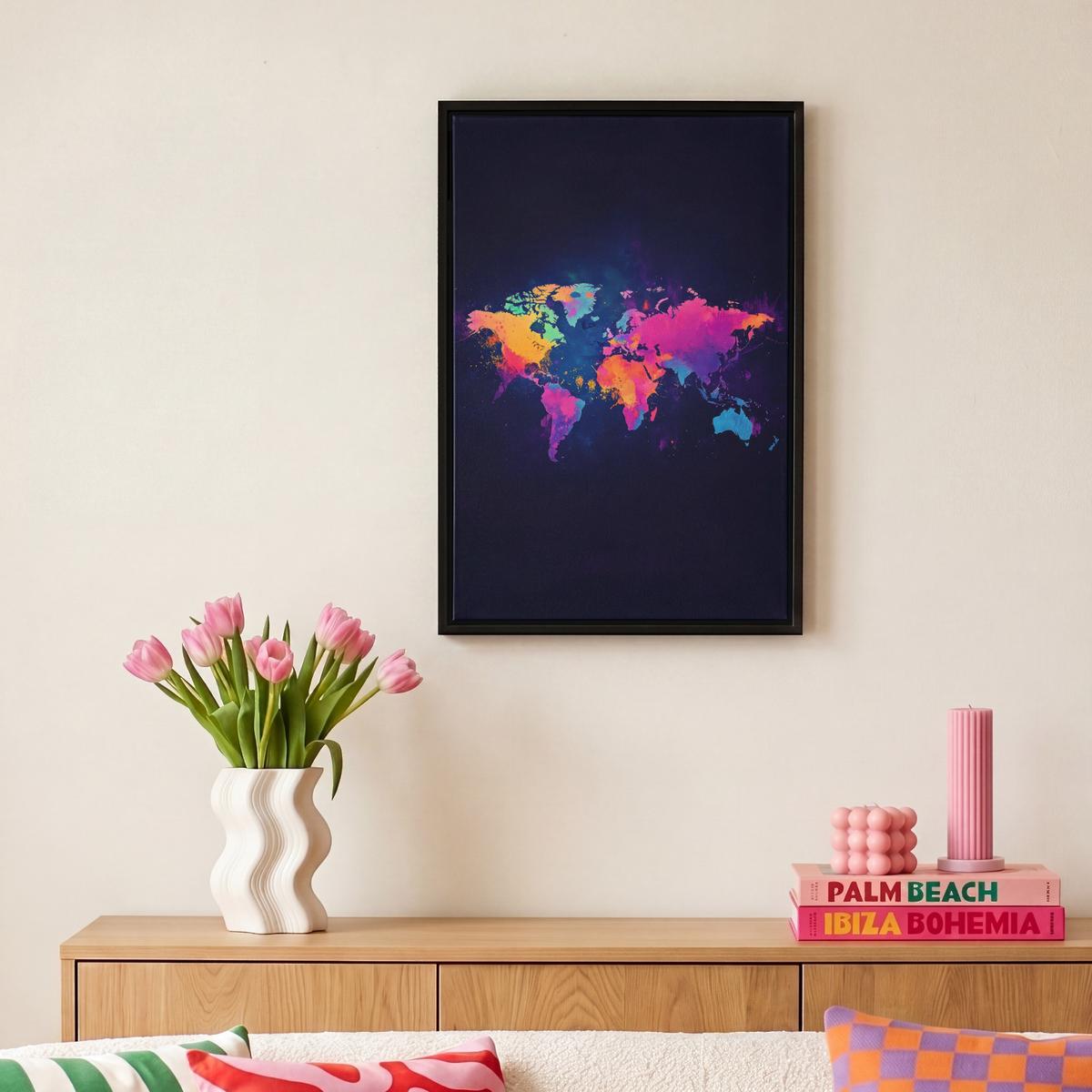 LEINWAND Bilder mit Rahmen - Weltkarte - Bunt - Graffiti - 20x30 - Multicolor, Textil (20/30cm) - MuchoWow