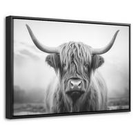 LEINWAND Bilder mit Rahmen - Schottischer Highlander - Nebel - Schwarz - Weiß - 60x40 - Grau, Textil (60/40cm) - MuchoWow