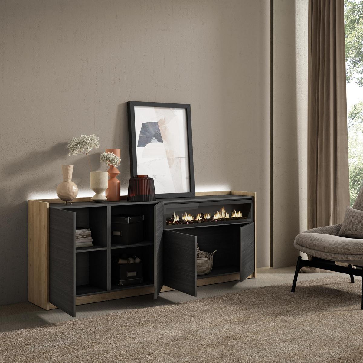 SIDEBOARD, Schwarz und Eiche, 207/37/80cm, Kamin mit Feuereffekt - Schwarz, Holzwerkstoff (207/80/37cm) - Skraut Home