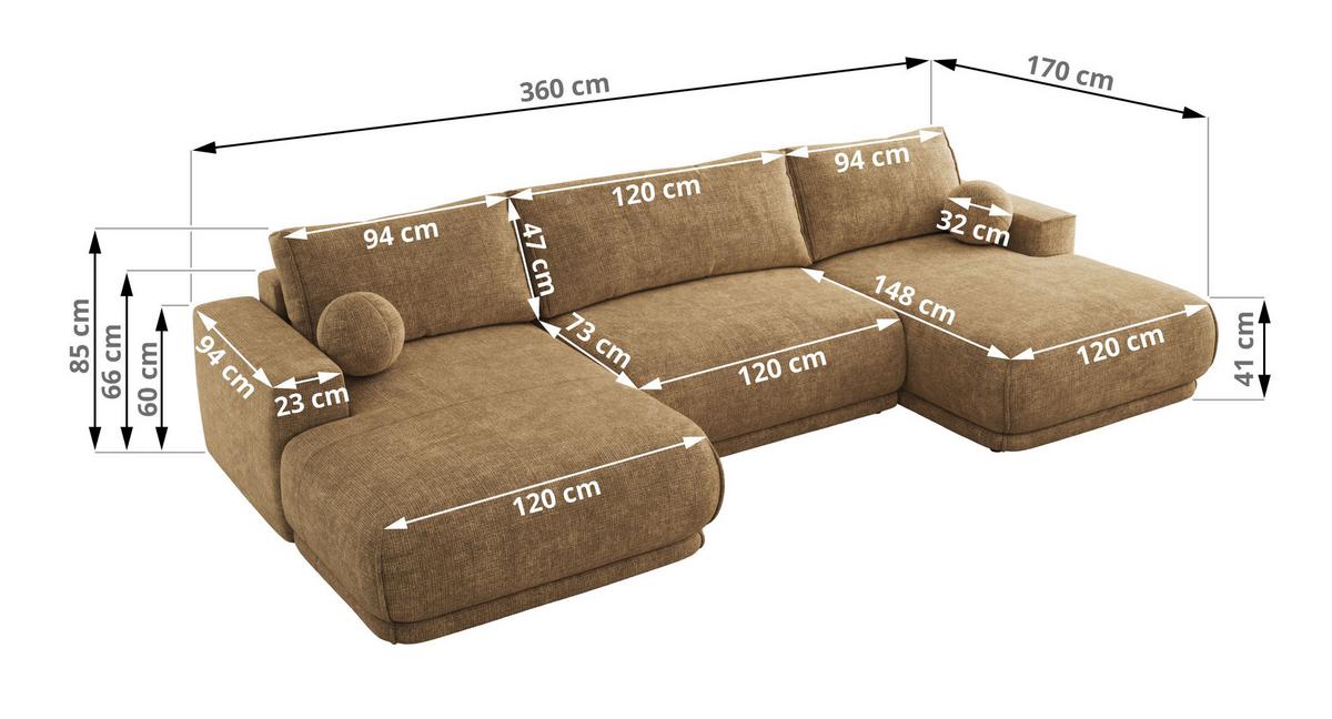 WOHNLANDSCHAFT RINA U Hellbraun Schenille grob gewebt - Hellbraun/Schwarz, Kunststoff/Textil (360/85/170cm) - MKS