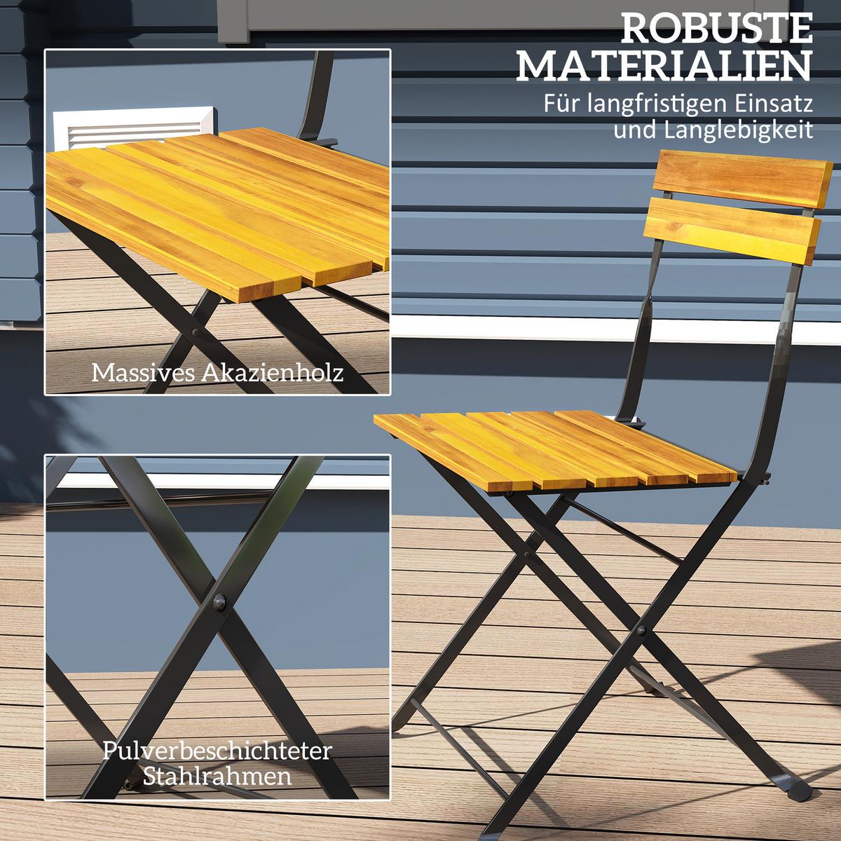 BISTROTISCH-MIT-2-STÜHLEN 3er Set Akazienholz Stahl Teak - Teakfarben, Metall - Outsunny