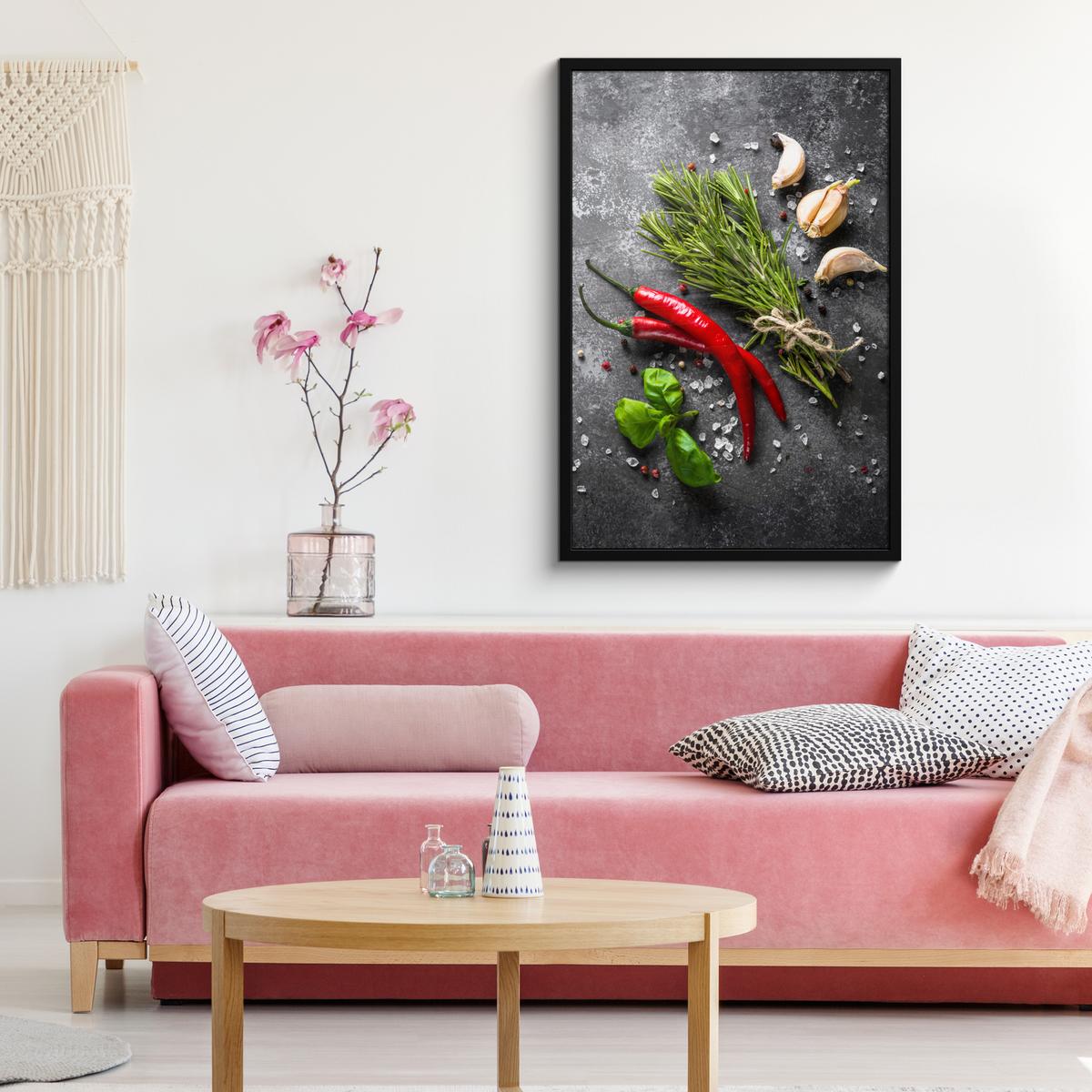 POSTER MIT RAHMENGERAHMTES BILD Pfeffer - Kräuter - Gewürze - Beton 60x90 cm - Dunkelgrau, Papier (60/90cm) - MuchoWow