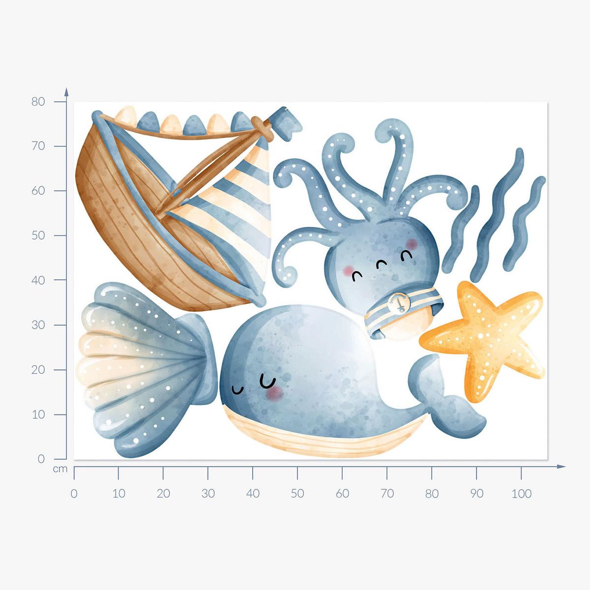 WANDAUFKLEBER 80x106cm - Tiere und ein Boot - Multicolor, Kunststoff (80/106/0.1cm) - Wallfluent