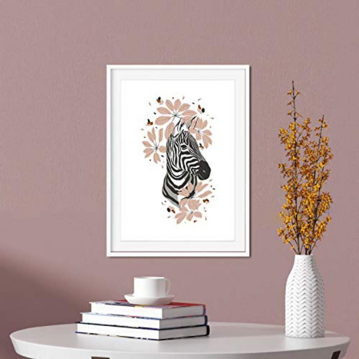 POSTER Set mit 4 Tiger ZebraKlinge, Blumen und Pflanzen aus dem Dschungel A4 Schwarzer Rahmen - Schwarz, Papier (29.7/3cm) - Nacnic