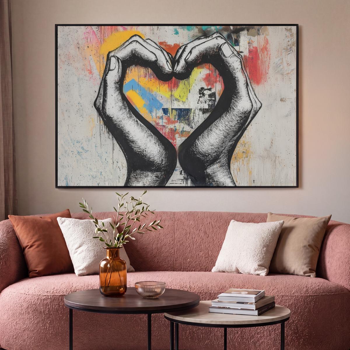 LEINWAND Bilder mit Rahmen - Hände - Herz - Straßenkunst - Graffiti - 120x80 - Multicolor, Textil (120/80cm) - MuchoWow