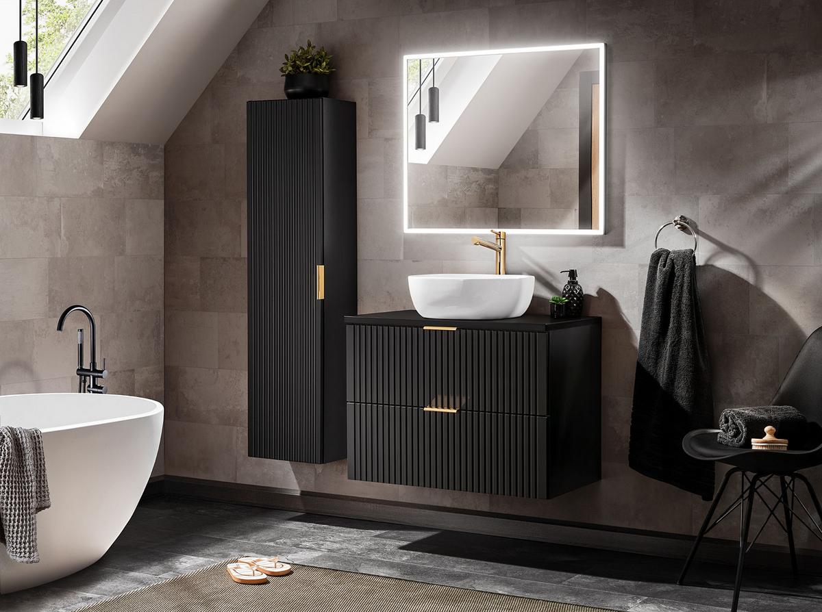 WASCHBECKENUNTERSCHRANK Niva hängend mit Rillenfronten in Schwarz, 60/57/46 cm - Multicolor/Schwarz, Holzwerkstoff/Kunststoff (60/57/46cm) - WFL GROUP