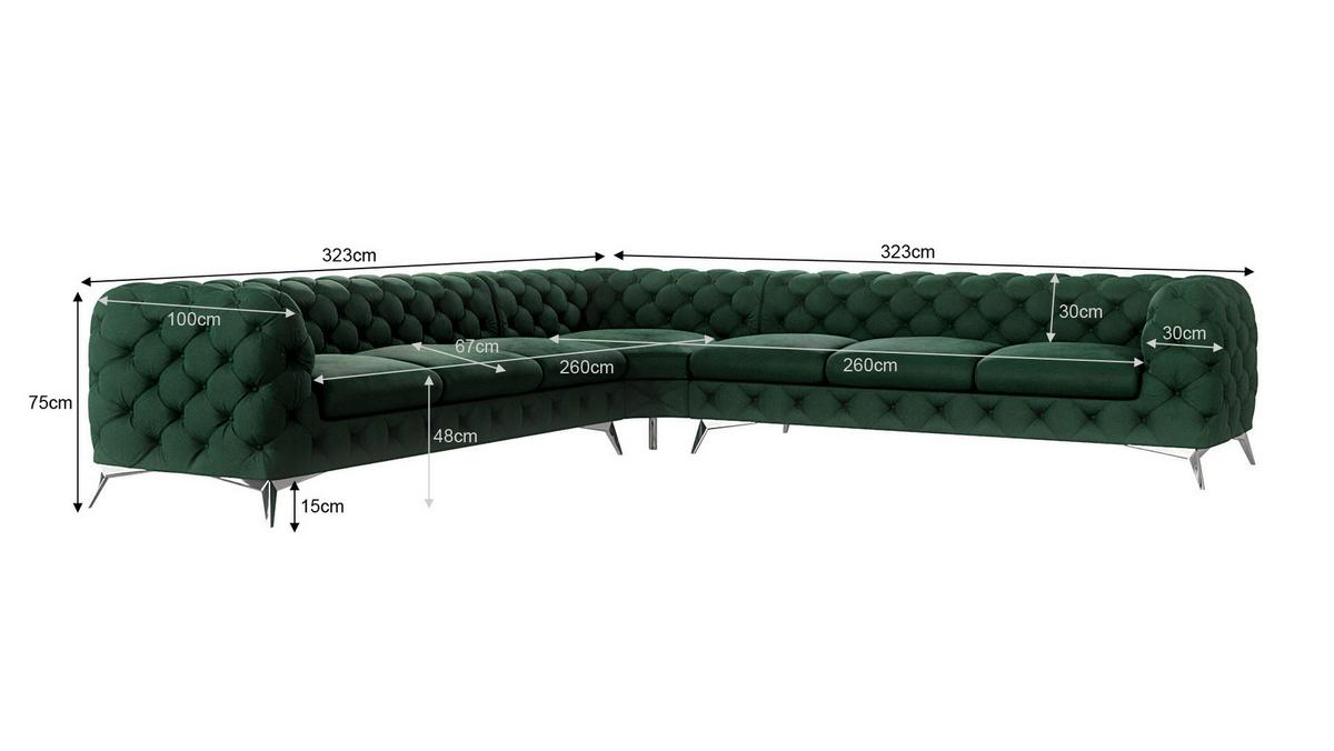ECKSOFA Chesterfield Laura Flasche Grün Samt - Smaragdgrün/Silberfarben, Holz/Textil (323/323cm) - S-Style