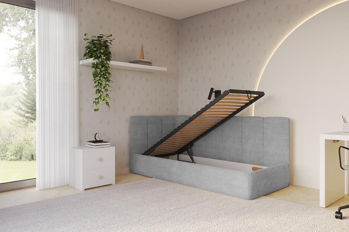 EINZELLBETT Jugendbett mit Bettkasten, Rechts - DEXY 80x200 Grau - Silberfarben, Holzwerkstoff/Textil (80/200cm) - ALTDECOR