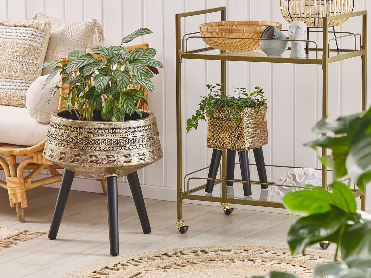 PFLANZENSTÄNDER gold mit Holzbeinen 51 cm Vardiani - Goldfarben/Schwarz, Stein (51cm) - Beliani