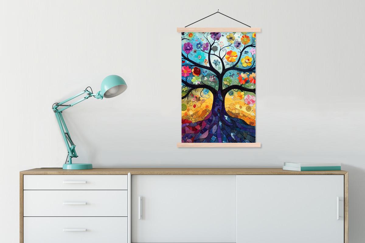 POSTER MIT MAGNETLEISTEN Kunst - Baum des Lebens - Blumen - Hippie Wandbild Schlafzimmer 60x90 cm - Dunkelblau, Textil (60/90/0.15cm) - MuchoWow