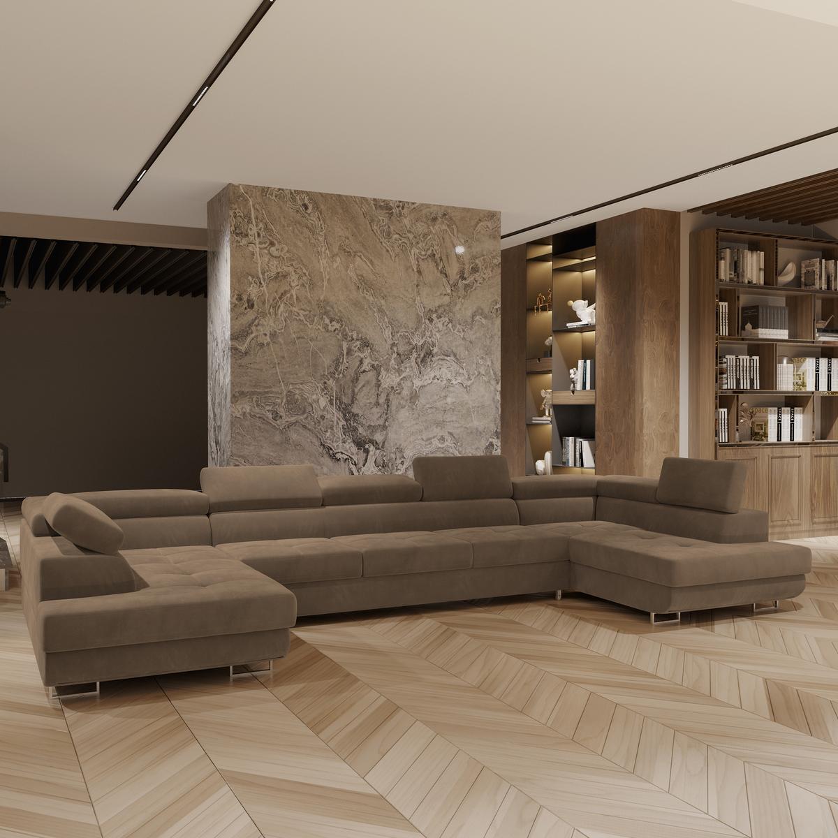 WOHNLANDSCHAFT ISOLANO Beige Velours-Stoff mit Schlaffunktion - Beige, Holz (408/90/202cm) - MASSENO