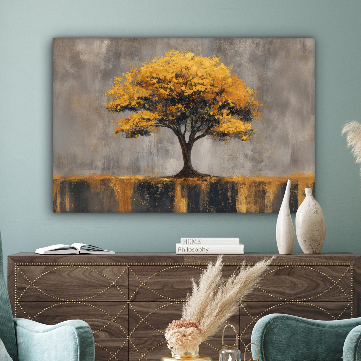 LEINWANDBILD Baum - Blätter - Gold - Abstrakt XXL 150x100 cm - Grau, Textil (150/100cm) - MuchoWow