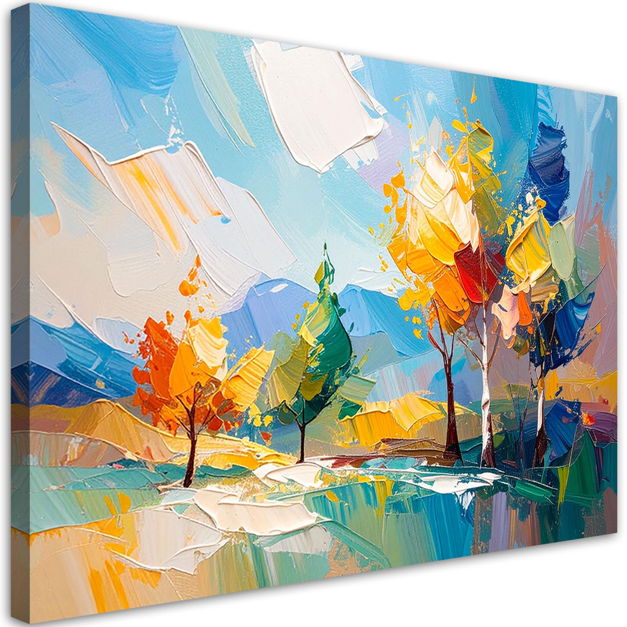 LEINWANDBILD Bunte Landschaft Bäume Wald Ölgemälde-Imitation 120x80cm - Multicolor, Textil (120/80cm) - Feeby