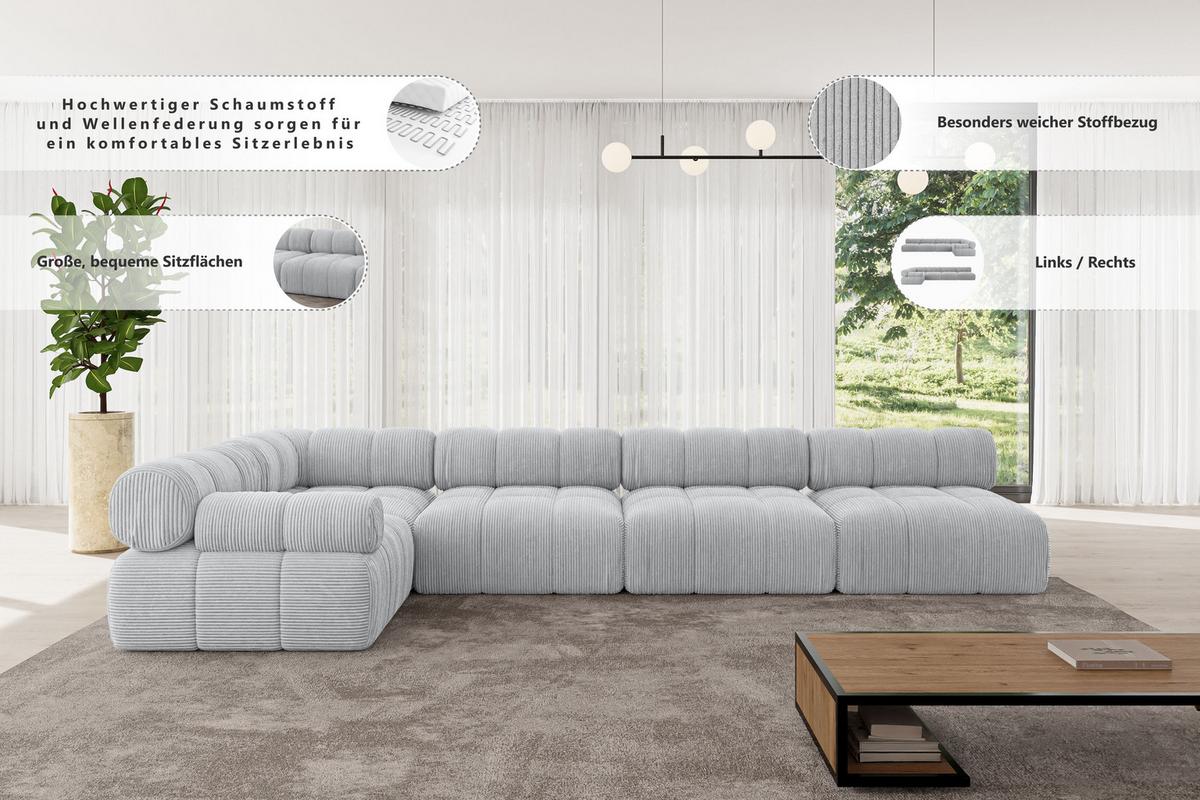 ECKSOFA modulares Sofa Mende-L3 - 380x190x70 cm Hellgrau Bouclé - Hellgrau, Holzwerkstoff/Textil (380/190cm) - ALTDECOR