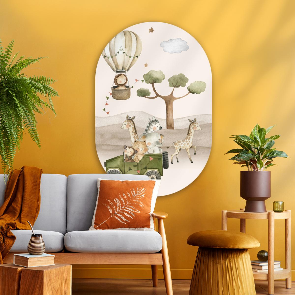 WANDBILD Wilde Tiere - Safari - Aquarell - Heißluftballon Deko Groß 80x120 cm - Beige, Kunststoff (80/120cm) - MuchoWow