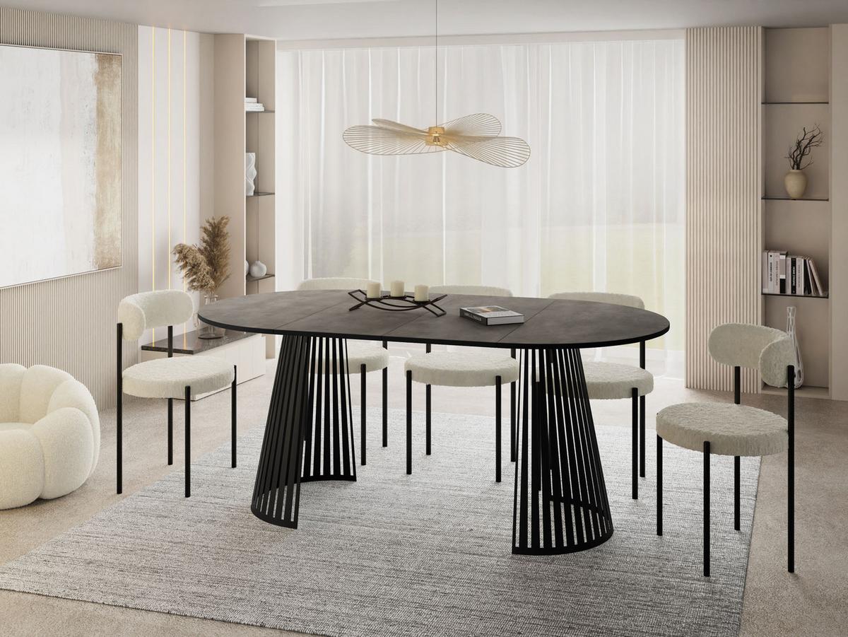 ESSTISCH Naro rund ausziehbar mit Schwarzem Lamellen-Metallgestell, Beton-Optik Dunkelgrau 100-180/100/76 cm - Dunkelgrau/Schwarz, Holzwerkstoff/Metall (100/176/76cm) - WFL GROUP